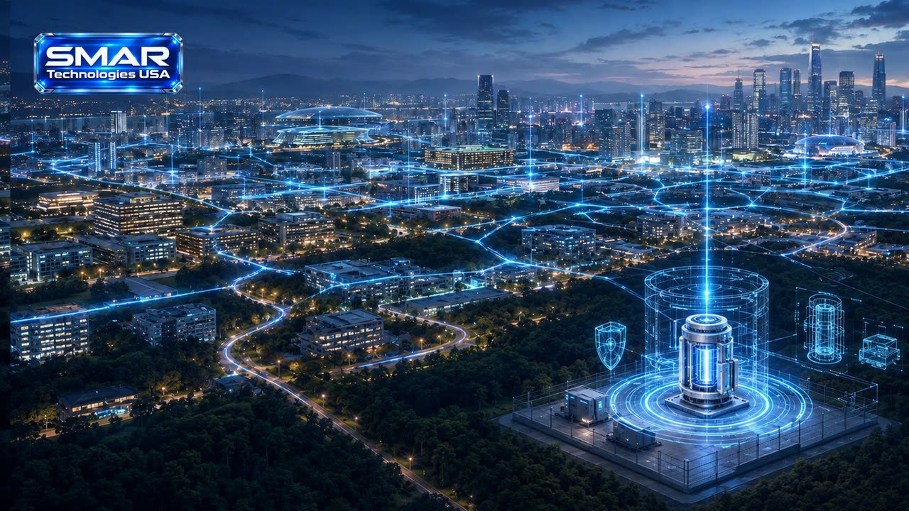 An SMR unit feeding a city grid at night, energy links radiating across the skyline